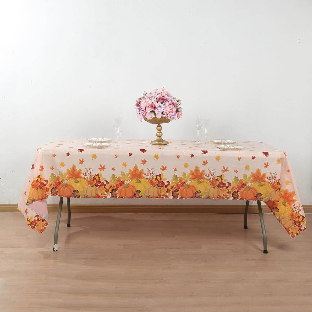 5 - Pack Plastic Tablecloths Orange Thanksgiving Rectangle with Fall Leaves Pumpkin Print - Festive PVC Disposable Table Covers 54"x108" - Bell Racket Store
