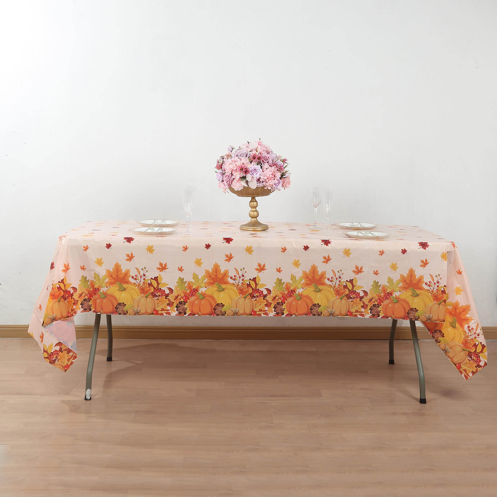 5 - Pack Plastic Tablecloths Orange Thanksgiving Rectangle with Fall Leaves Pumpkin Print - Festive PVC Disposable Table Covers 54"x108" - Bell Racket Store