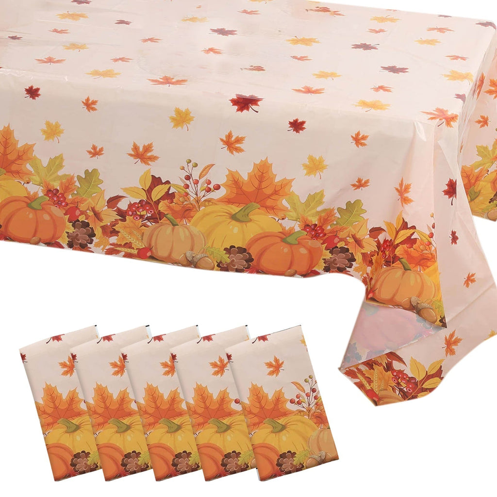 5 - Pack Plastic Tablecloths Orange Thanksgiving Rectangle with Fall Leaves Pumpkin Print - Festive PVC Disposable Table Covers 54"x108" - Bell Racket Store