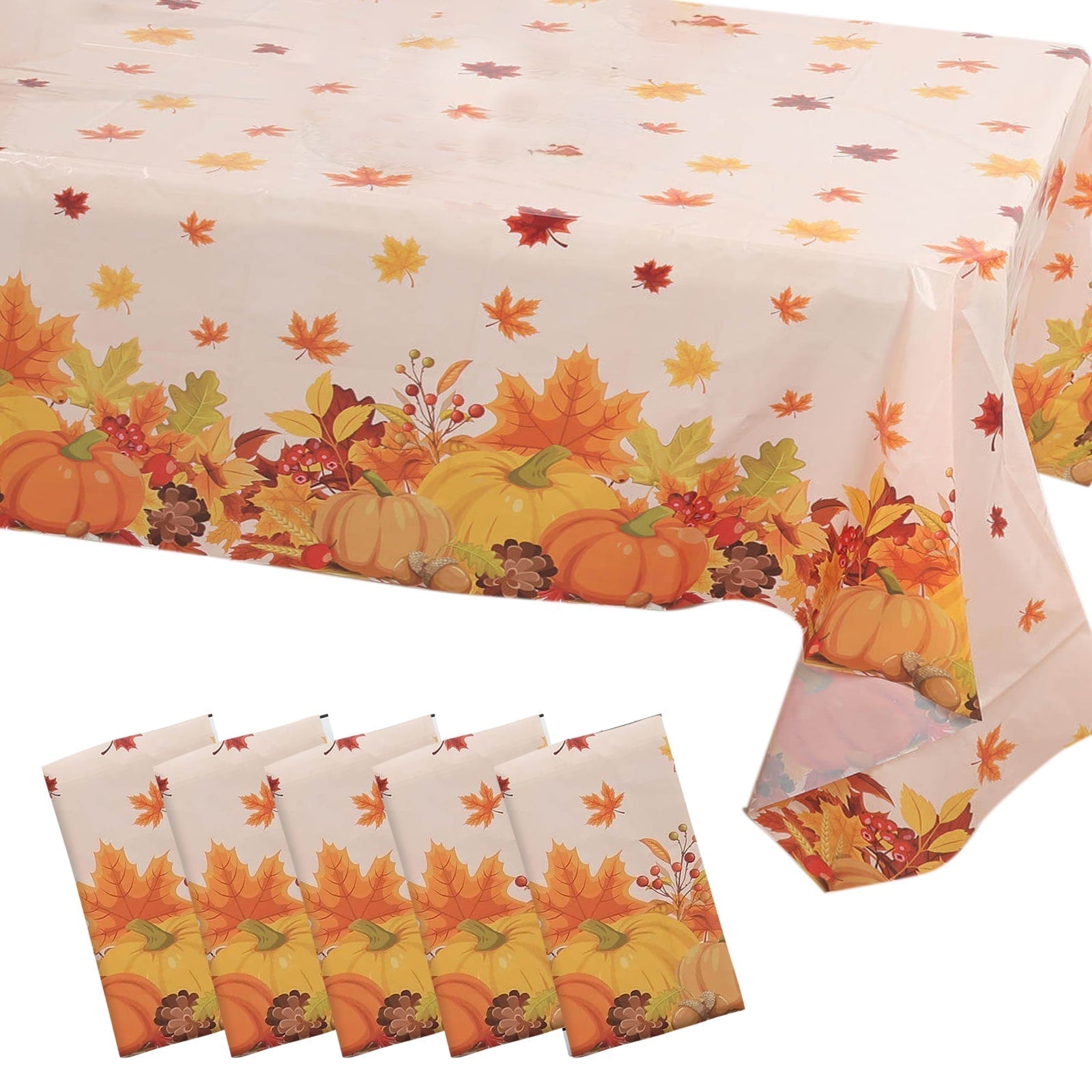 5 - Pack Plastic Tablecloths Orange Thanksgiving Rectangle with Fall Leaves Pumpkin Print - Festive PVC Disposable Table Covers 54"x108" - Bell Racket Store