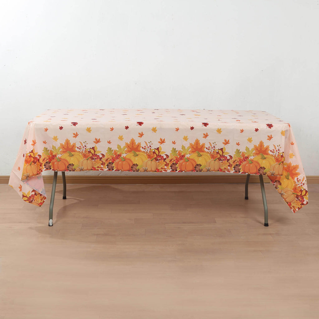 5 - Pack Plastic Tablecloths Orange Thanksgiving Rectangle with Fall Leaves Pumpkin Print - Festive PVC Disposable Table Covers 54"x108" - Bell Racket Store