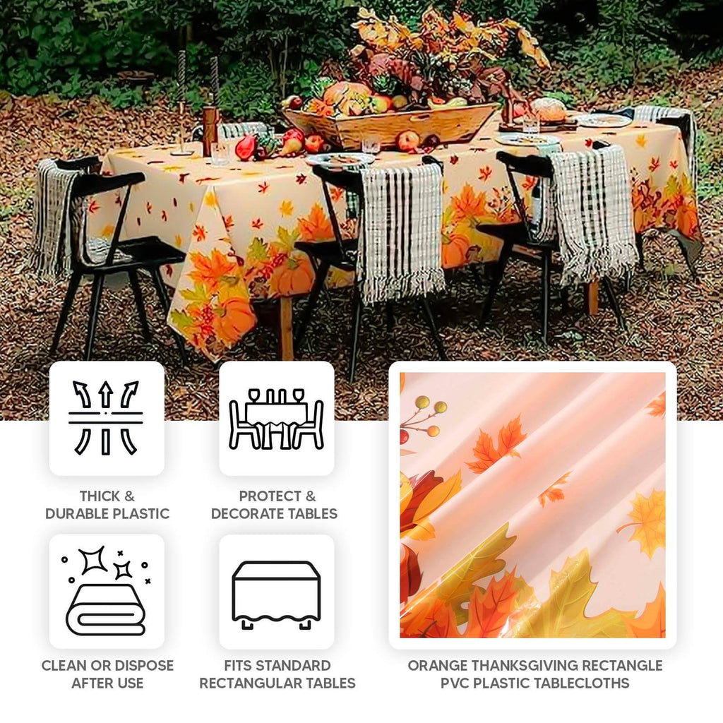 5 - Pack Plastic Tablecloths Orange Thanksgiving Rectangle with Fall Leaves Pumpkin Print - Festive PVC Disposable Table Covers 54"x108" - Bell Racket Store
