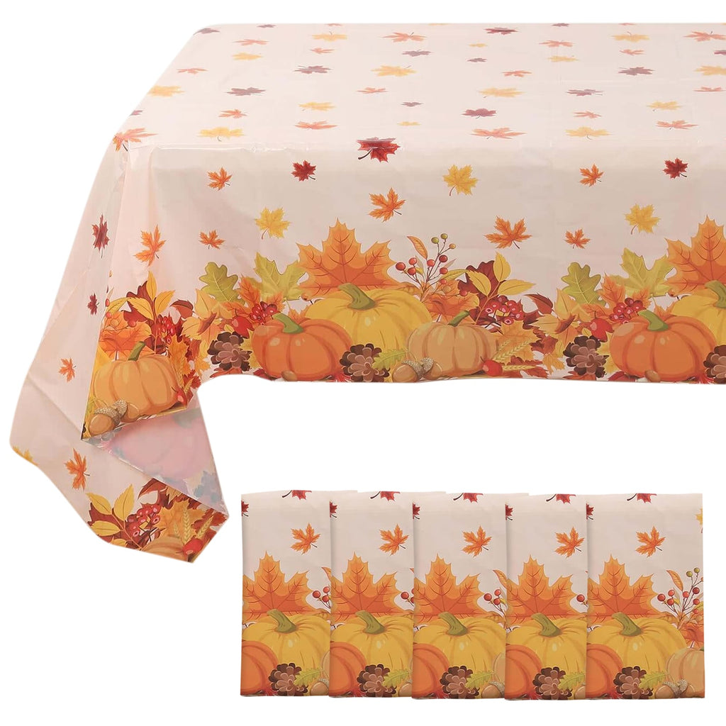 5 - Pack Plastic Tablecloths Orange Thanksgiving Rectangle with Fall Leaves Pumpkin Print - Festive PVC Disposable Table Covers 54"x108" - Bell Racket Store