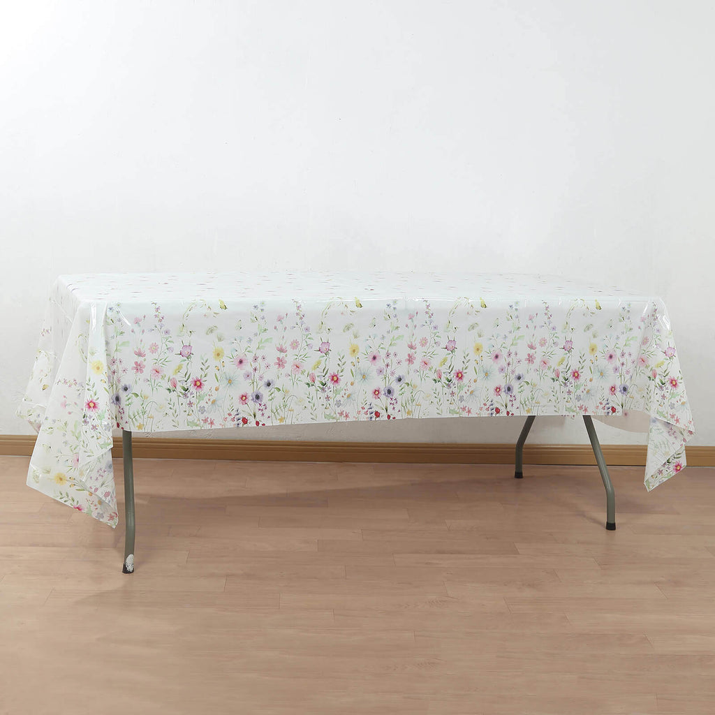 5 - Pack Plastic Tablecloths White/Green Spring Floral Rectangle with Wild Flowers Butterfly Print - Durable PVC Disposable Table Covers 54"x108" - Bell Racket Store