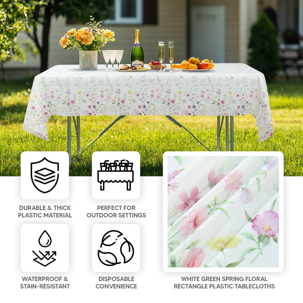 5 - Pack Plastic Tablecloths White/Green Spring Floral Rectangle with Wild Flowers Butterfly Print - Durable PVC Disposable Table Covers 54"x108" - Bell Racket Store