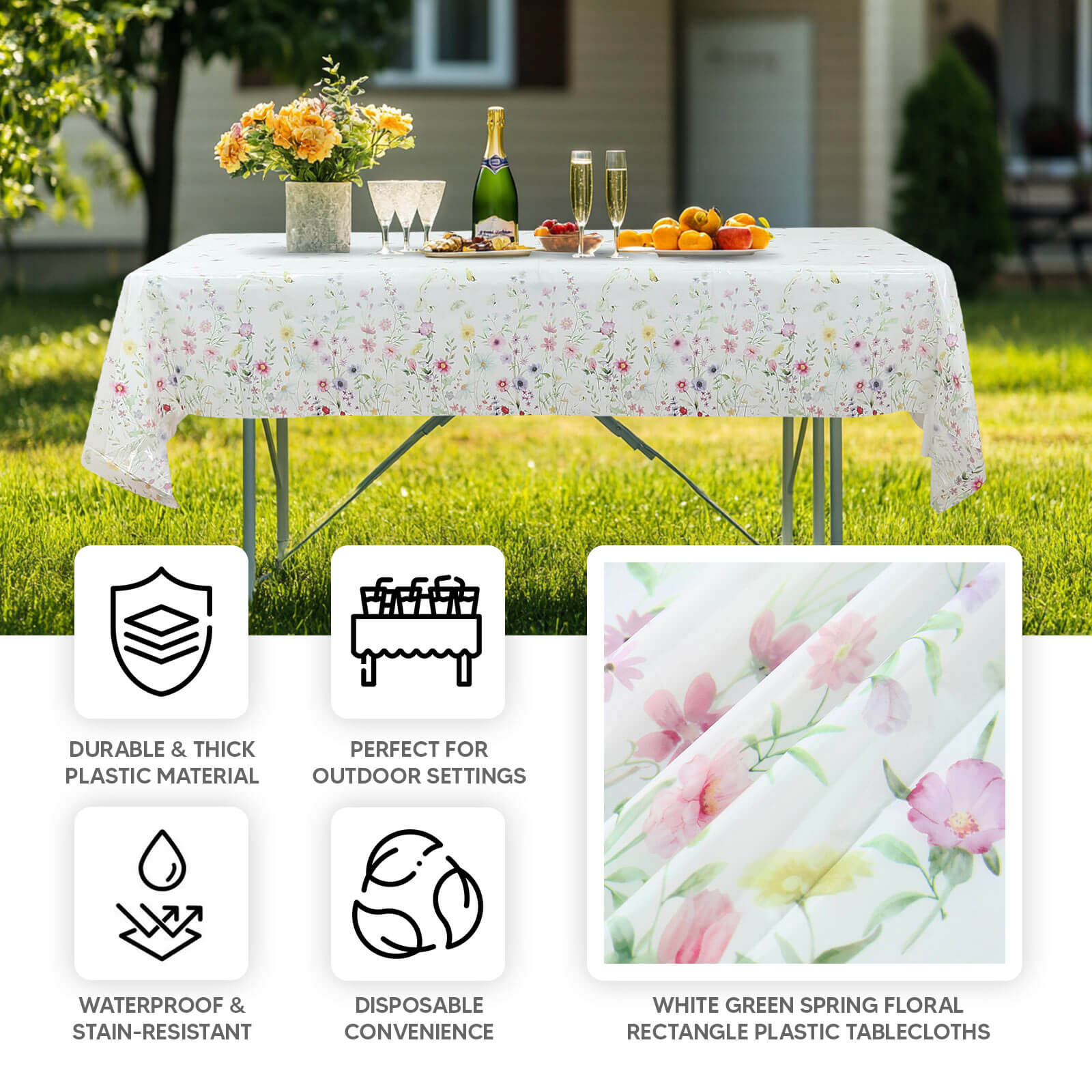 5 - Pack Plastic Tablecloths White/Green Spring Floral Rectangle with Wild Flowers Butterfly Print - Durable PVC Disposable Table Covers 54"x108" - Bell Racket Store