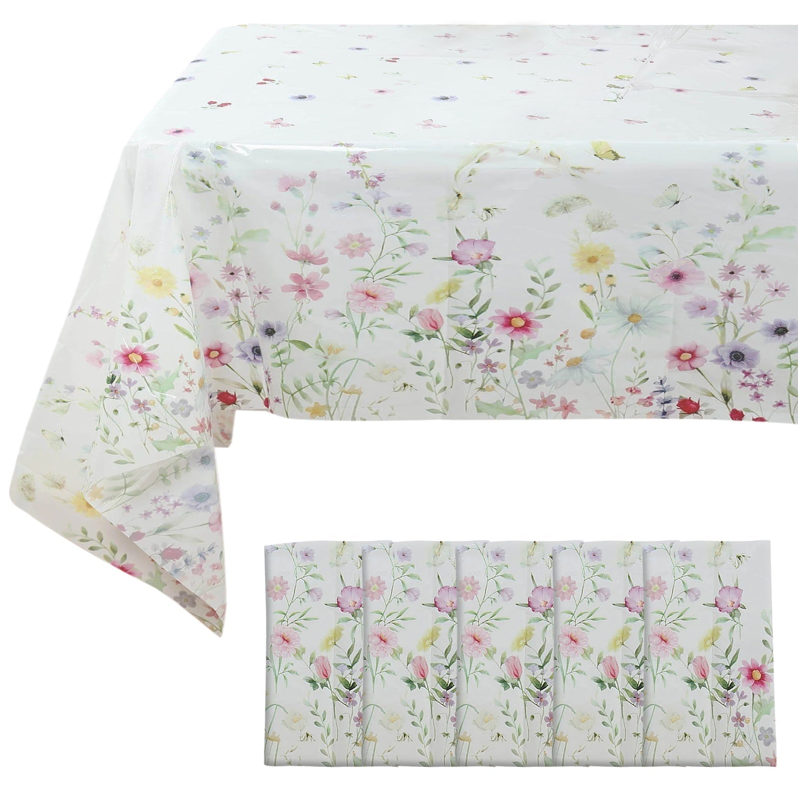 5 - Pack Plastic Tablecloths White/Green Spring Floral Rectangle with Wild Flowers Butterfly Print - Durable PVC Disposable Table Covers 54"x108" - Bell Racket Store