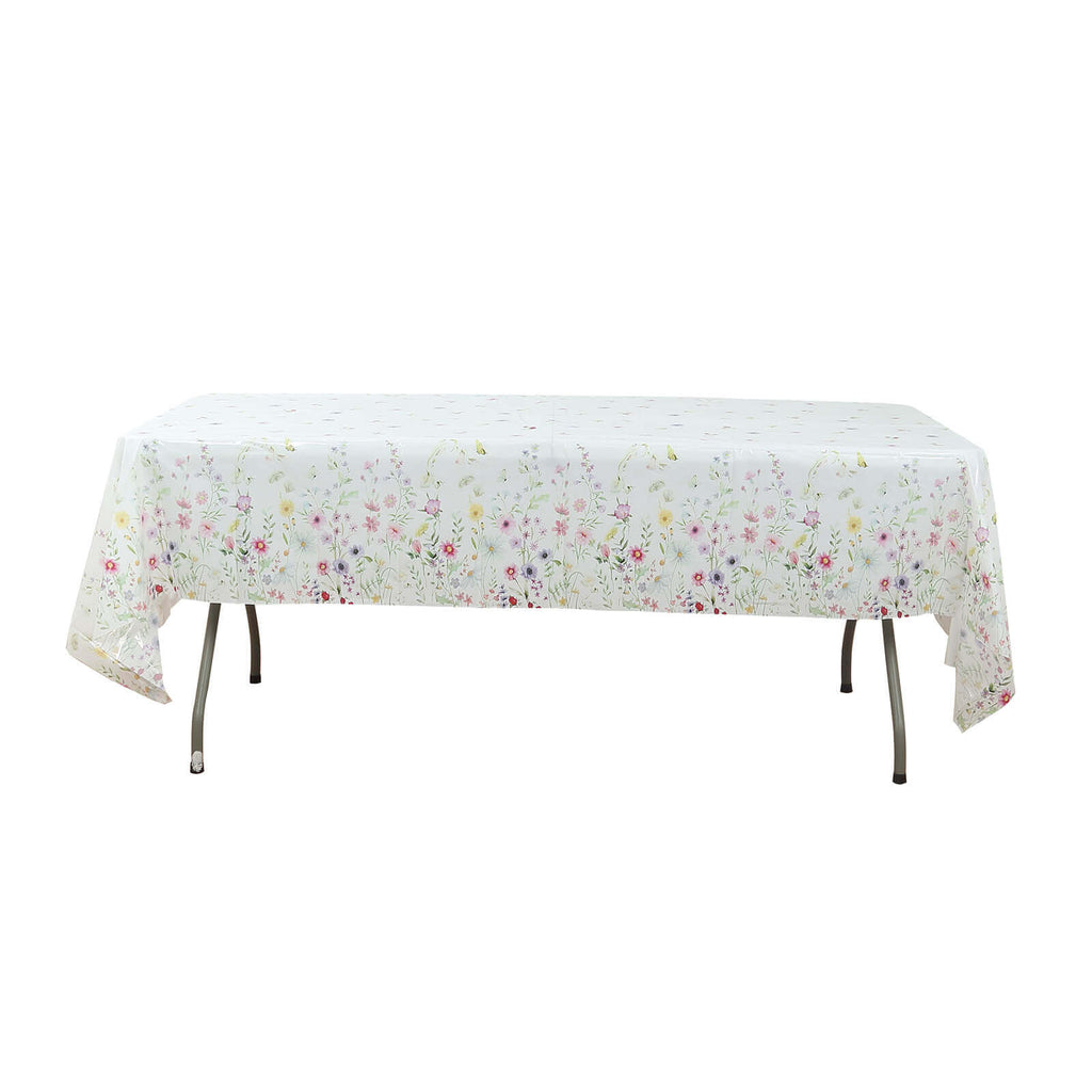 5 - Pack Plastic Tablecloths White/Green Spring Floral Rectangle with Wild Flowers Butterfly Print - Durable PVC Disposable Table Covers 54"x108" - Bell Racket Store