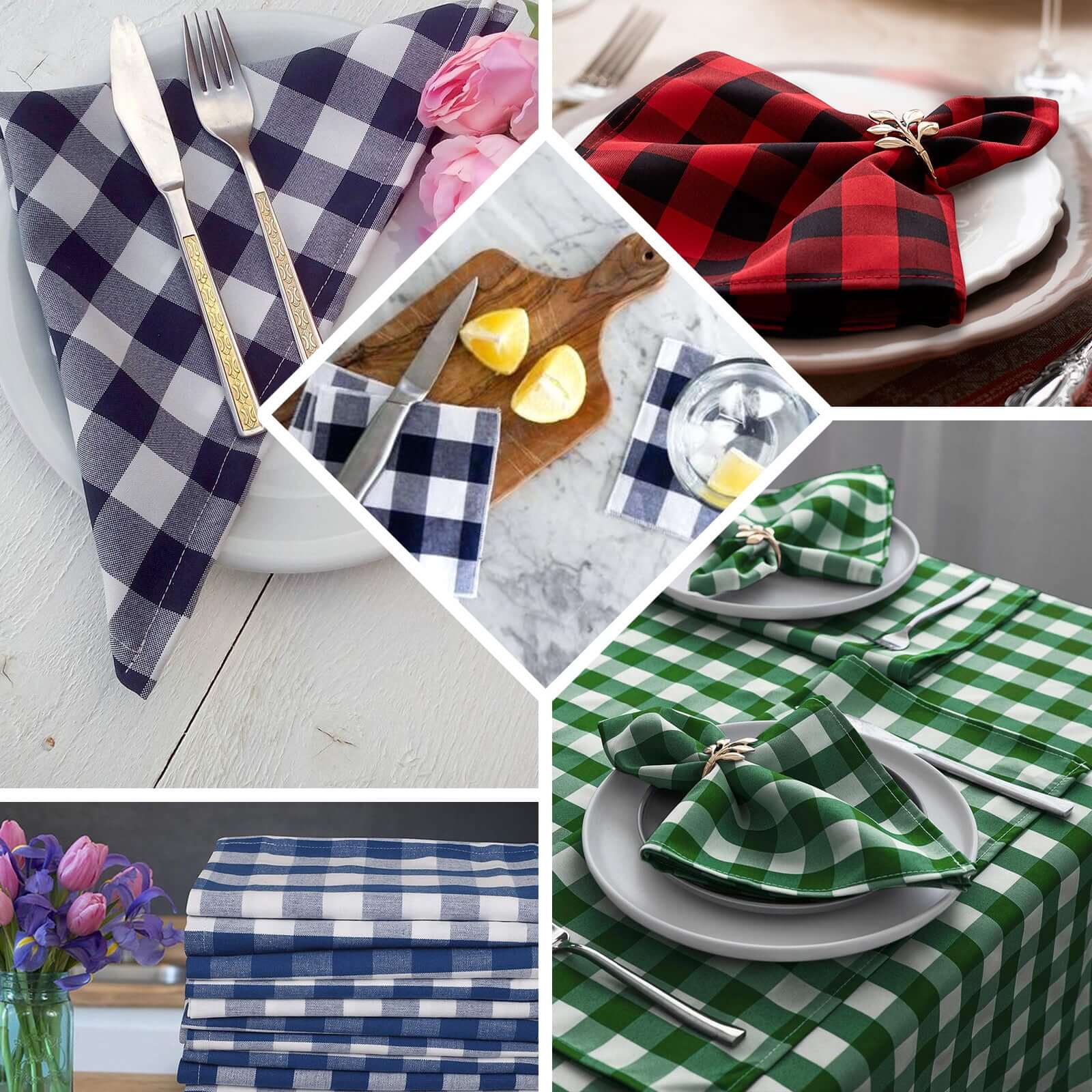 5 Pack Polyester 15"x15" Napkins Blue/White Buffalo Plaid Gingham Style Cloth Napkins - NestOCart