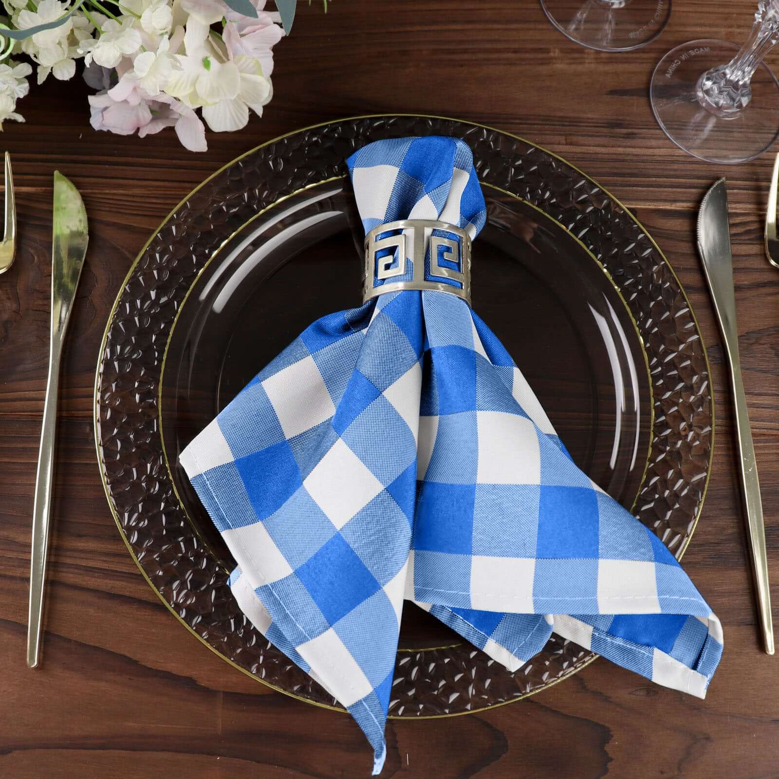 5 Pack Polyester 15"x15" Napkins Blue/White Buffalo Plaid Gingham Style Cloth Napkins - NestOCart