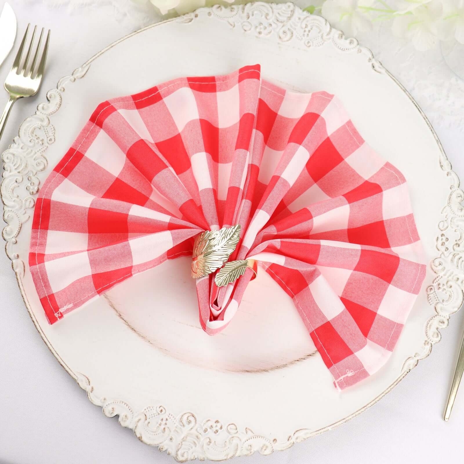 5 Pack Polyester 15"x15" Napkins Red/White Buffalo Plaid Gingham Style Cloth Napkins - NestOCart