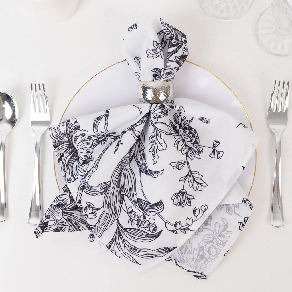 5 Pack Polyester 20"x20" Dinner Napkins White with Black French Toile Pattern - Reusable Floral Cloth Napkins - Bell Racket Store