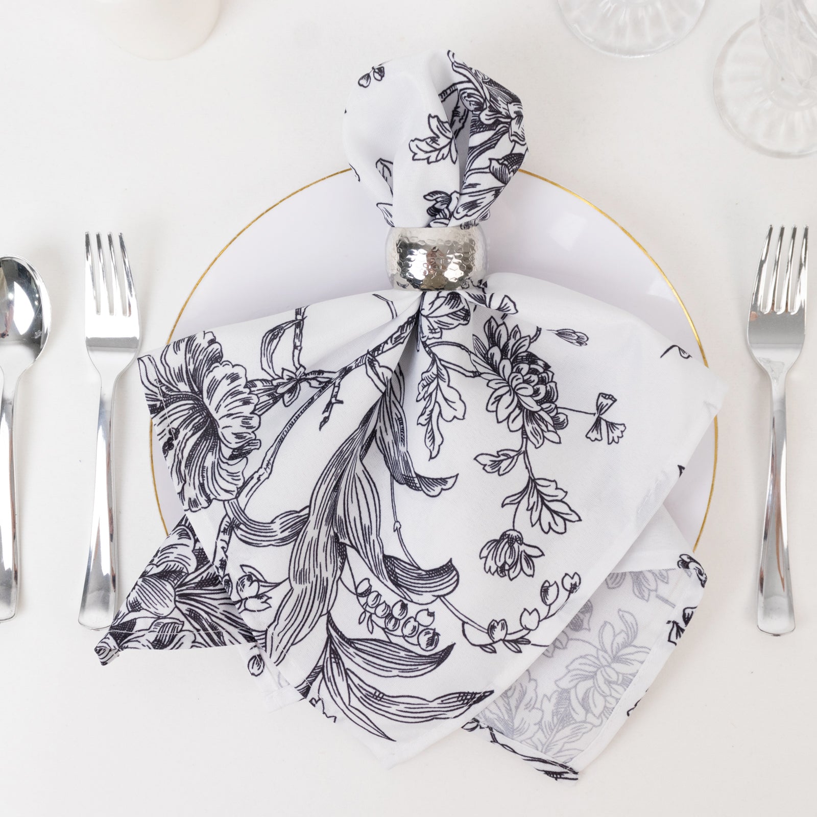 5 Pack Polyester 20"x20" Dinner Napkins White with Black French Toile Pattern - Reusable Floral Cloth Napkins - Bell Racket Store