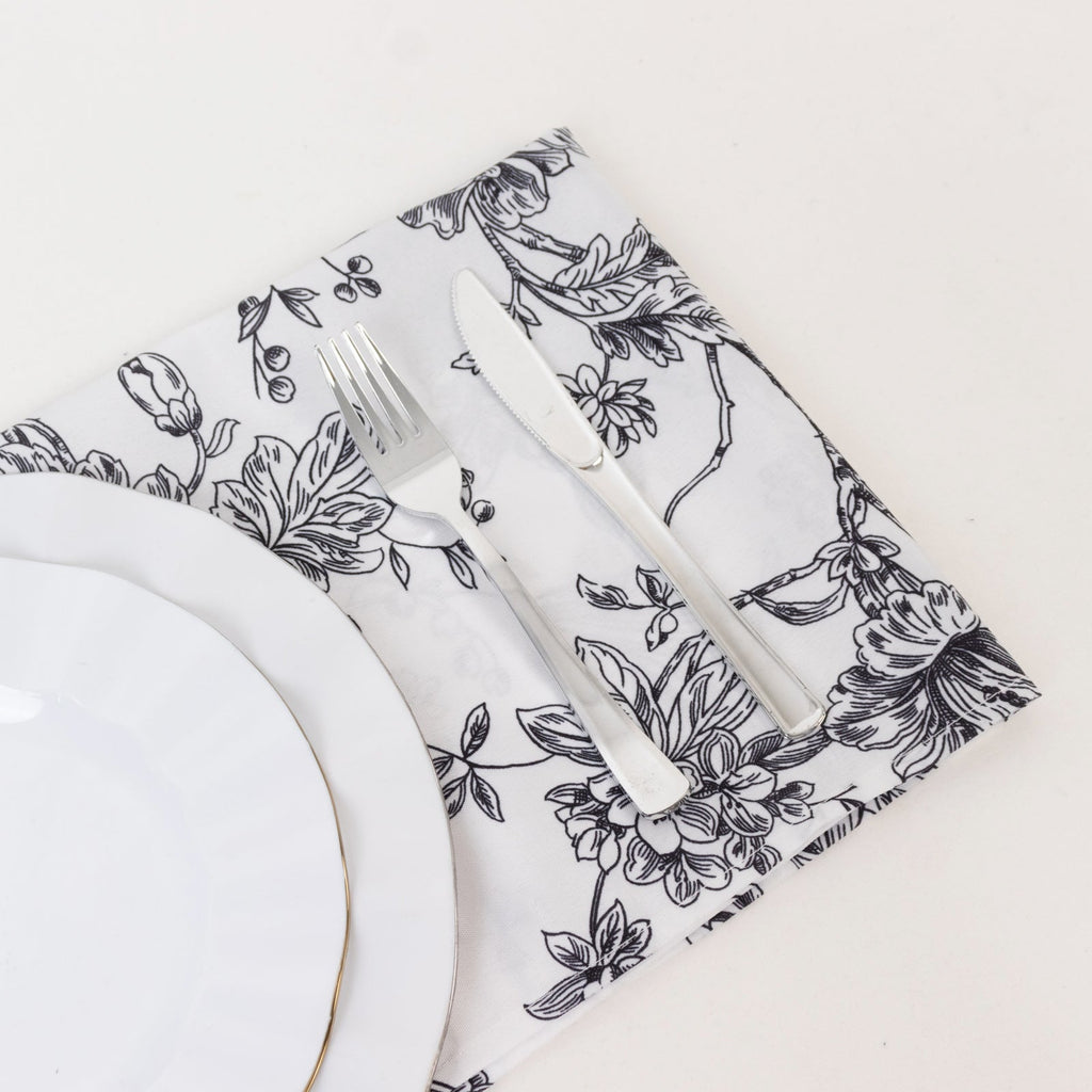 5 Pack Polyester 20"x20" Dinner Napkins White with Black French Toile Pattern - Reusable Floral Cloth Napkins - Bell Racket Store