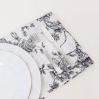 5 Pack Polyester 20"x20" Dinner Napkins White with Black French Toile Pattern - Reusable Floral Cloth Napkins - Bell Racket Store