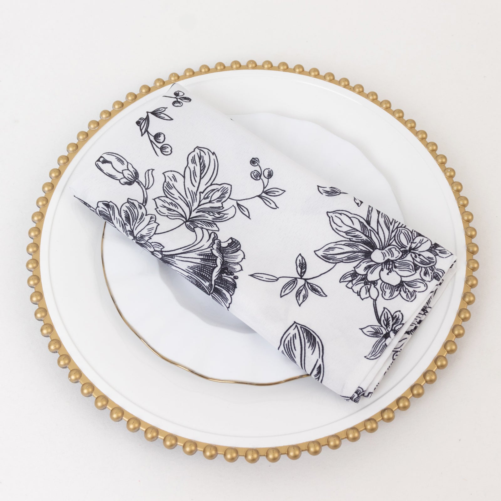 5 Pack Polyester 20"x20" Dinner Napkins White with Black French Toile Pattern - Reusable Floral Cloth Napkins - Bell Racket Store