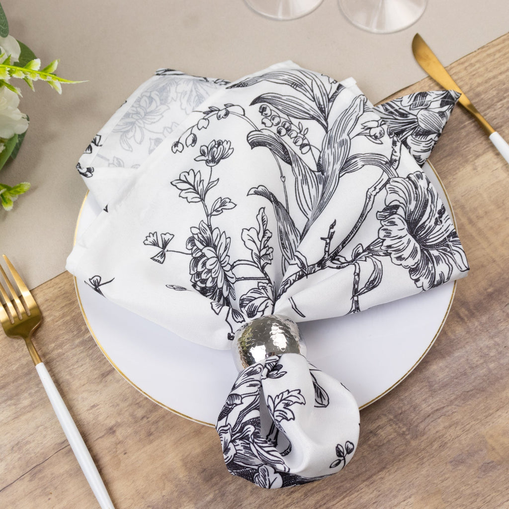 5 Pack Polyester 20"x20" Dinner Napkins White with Black French Toile Pattern - Reusable Floral Cloth Napkins - Bell Racket Store