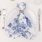 5 Pack Polyester 20"x20" Dinner Napkins White with Blue French Toile Pattern - Reusable Floral Cloth Napkins - Bell Racket Store