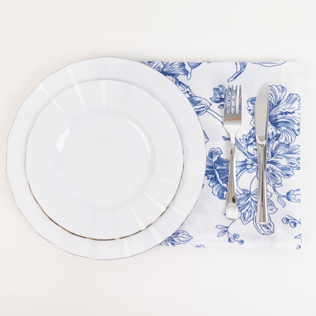 5 Pack Polyester 20"x20" Dinner Napkins White with Blue French Toile Pattern - Reusable Floral Cloth Napkins - Bell Racket Store