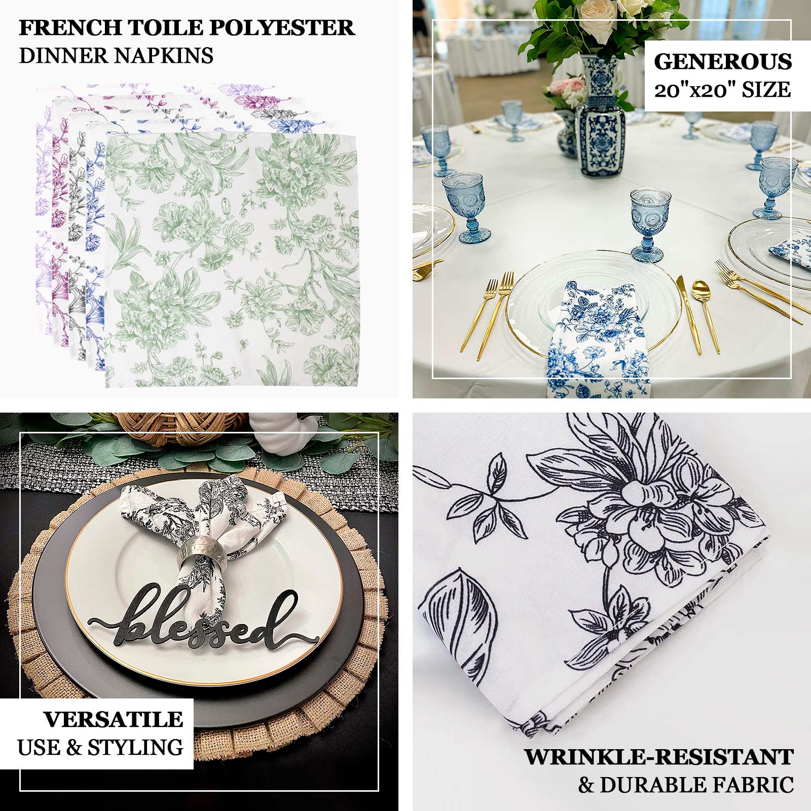 5 Pack Polyester 20"x20" Dinner Napkins White with Blue French Toile Pattern - Reusable Floral Cloth Napkins - Bell Racket Store