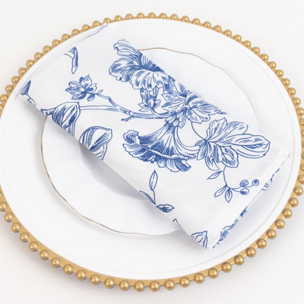 5 Pack Polyester 20"x20" Dinner Napkins White with Blue French Toile Pattern - Reusable Floral Cloth Napkins - Bell Racket Store