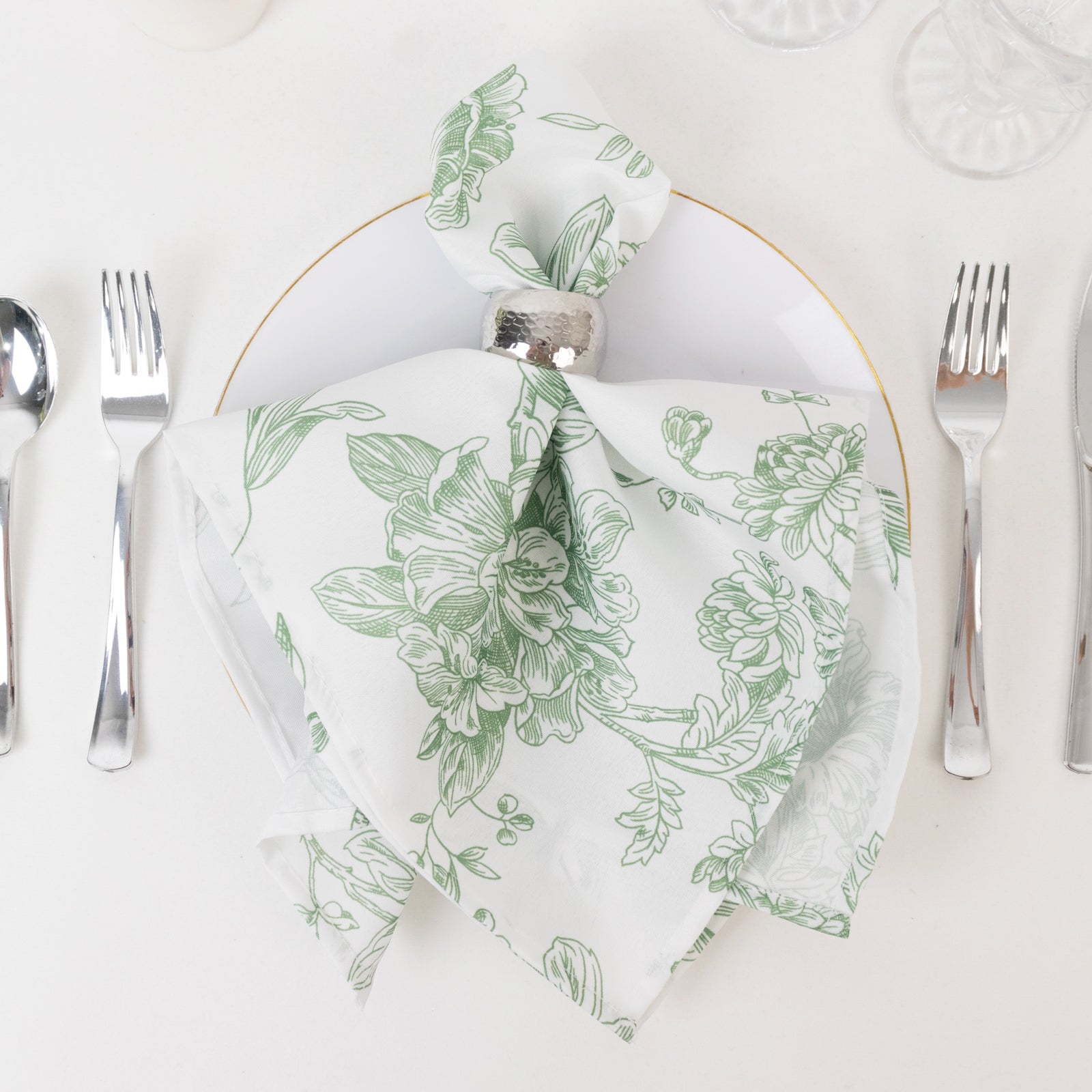 5 Pack Polyester 20"x20" Dinner Napkins White with Dusty Sage Green French Toile Pattern - Reusable Floral Cloth Napkins - Bell Racket Store