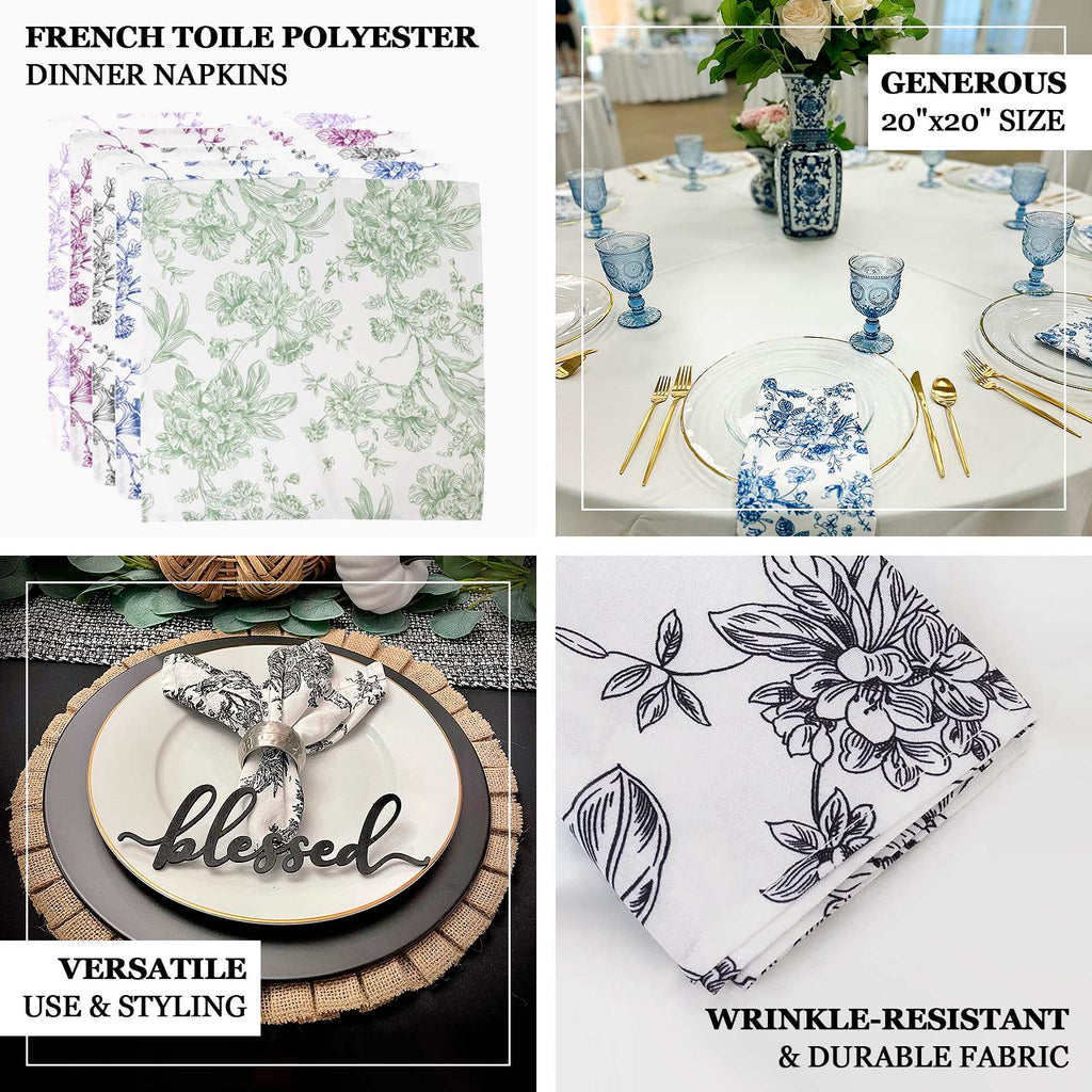 5 Pack Polyester 20"x20" Dinner Napkins White with Dusty Sage Green French Toile Pattern - Reusable Floral Cloth Napkins - Bell Racket Store