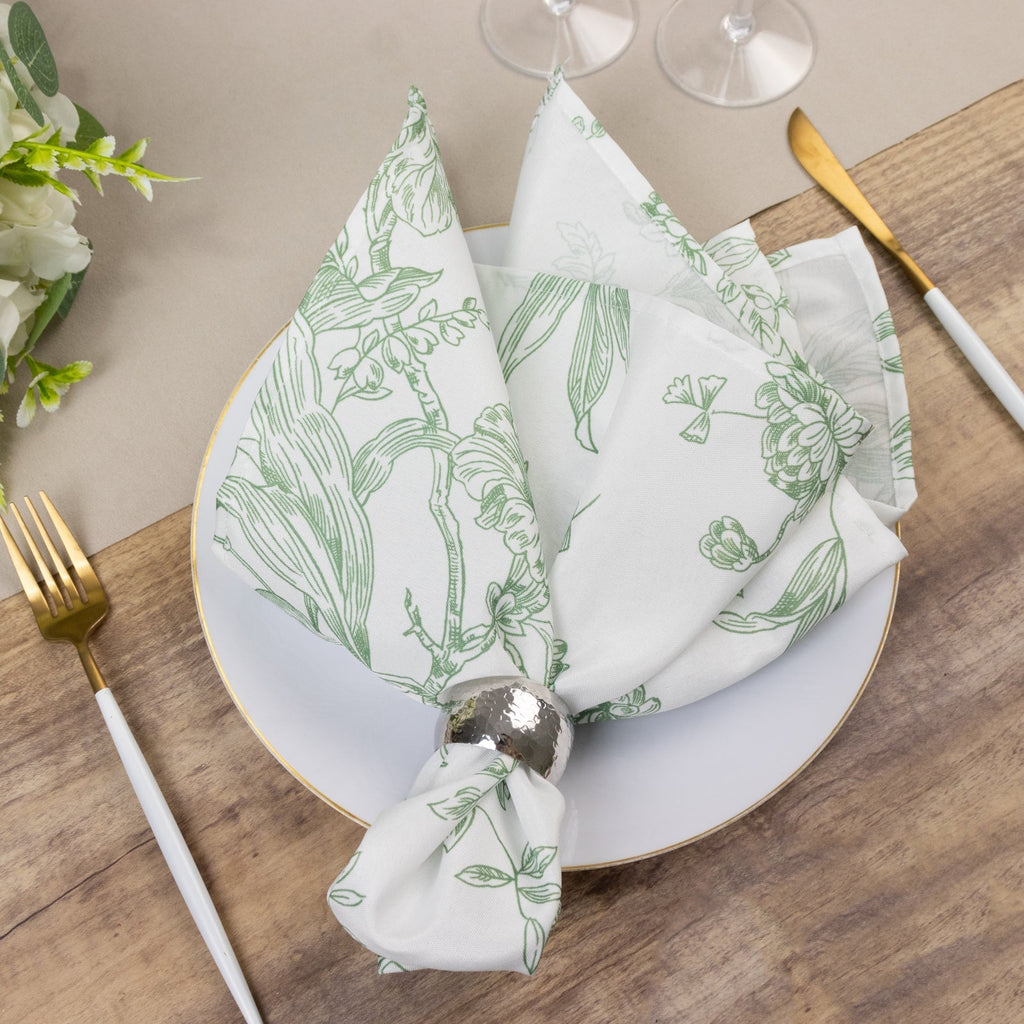 5 Pack Polyester 20"x20" Dinner Napkins White with Dusty Sage Green French Toile Pattern - Reusable Floral Cloth Napkins - Bell Racket Store