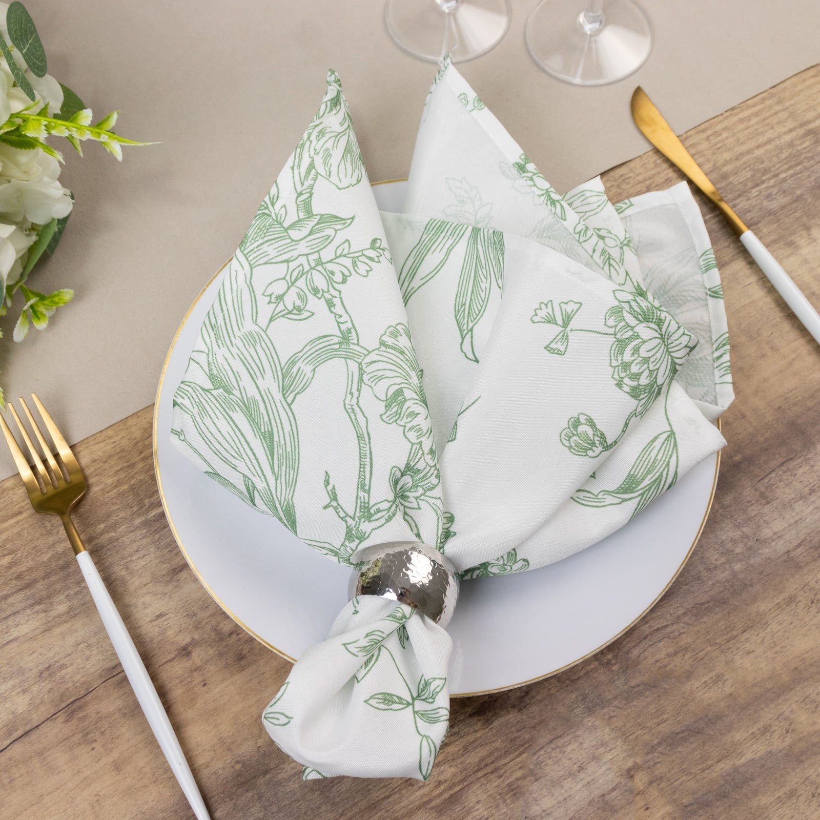 5 Pack Polyester 20"x20" Dinner Napkins White with Dusty Sage Green French Toile Pattern - Reusable Floral Cloth Napkins - Bell Racket Store