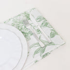 5 Pack Polyester 20"x20" Dinner Napkins White with Dusty Sage Green French Toile Pattern - Reusable Floral Cloth Napkins - Bell Racket Store