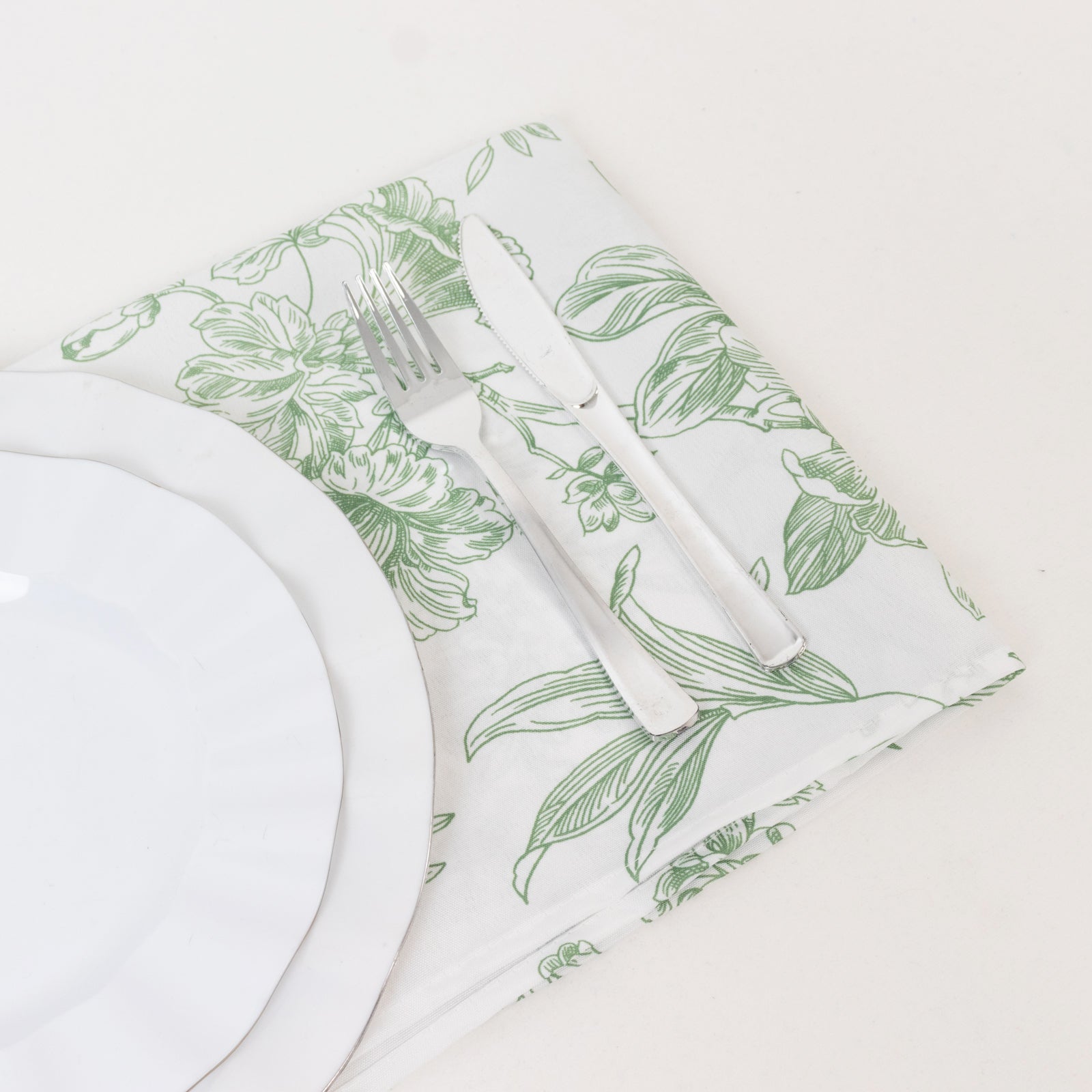 5 Pack Polyester 20"x20" Dinner Napkins White with Dusty Sage Green French Toile Pattern - Reusable Floral Cloth Napkins - Bell Racket Store