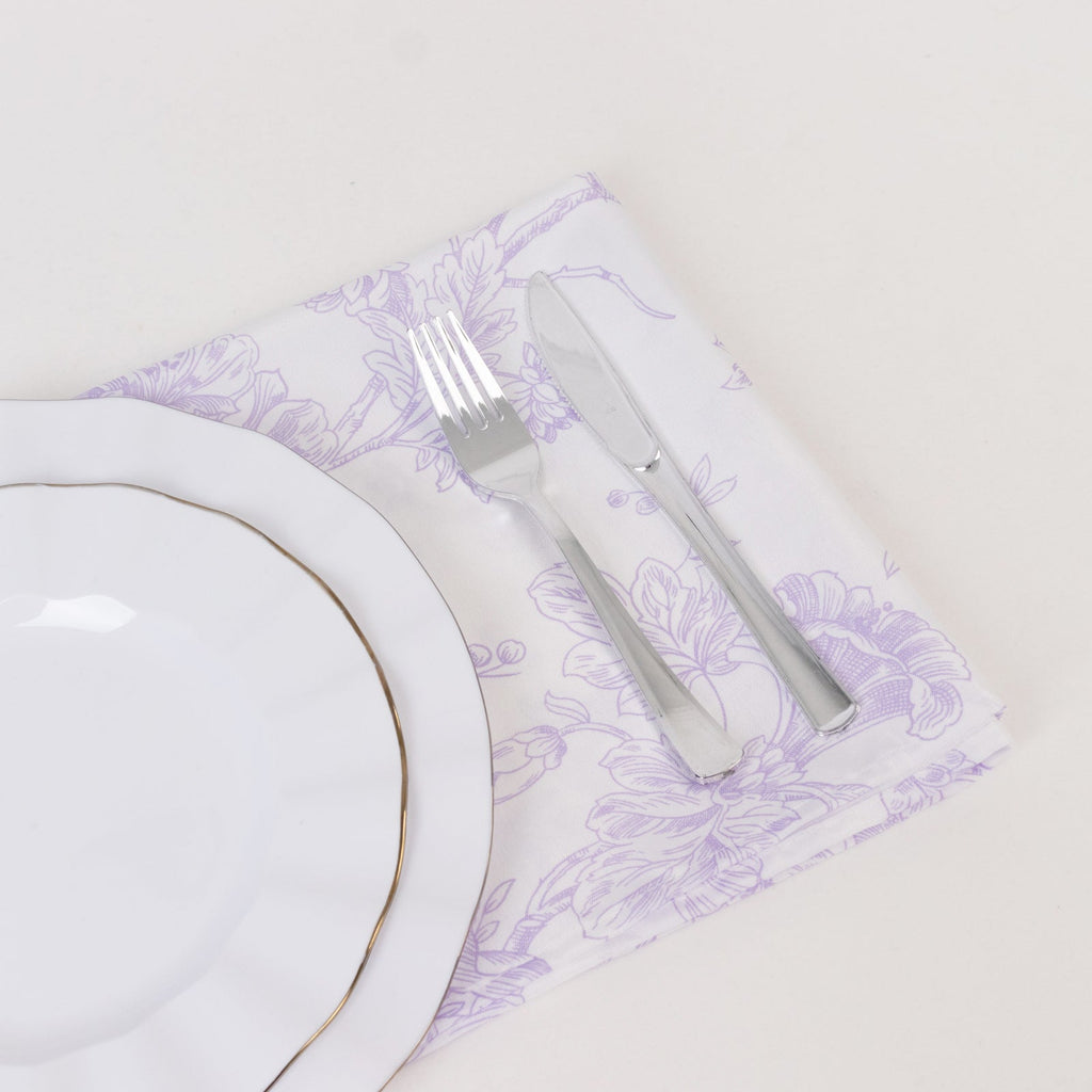 5 Pack Polyester 20"x20" Dinner Napkins White with Lavender Lilac French Toile Pattern - Reusable Floral Cloth Napkins - Bell Racket Store