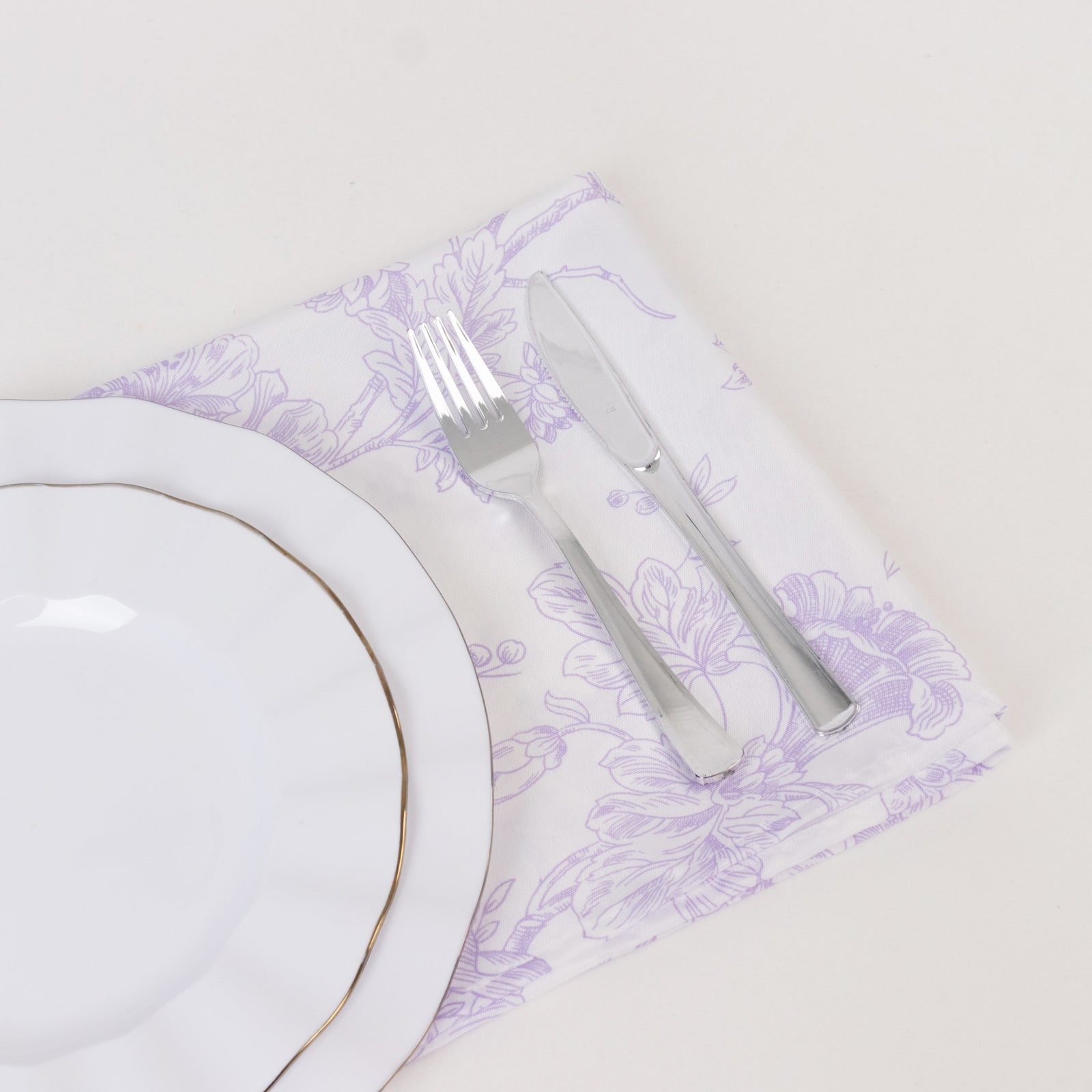 5 Pack Polyester 20"x20" Dinner Napkins White with Lavender Lilac French Toile Pattern - Reusable Floral Cloth Napkins - Bell Racket Store