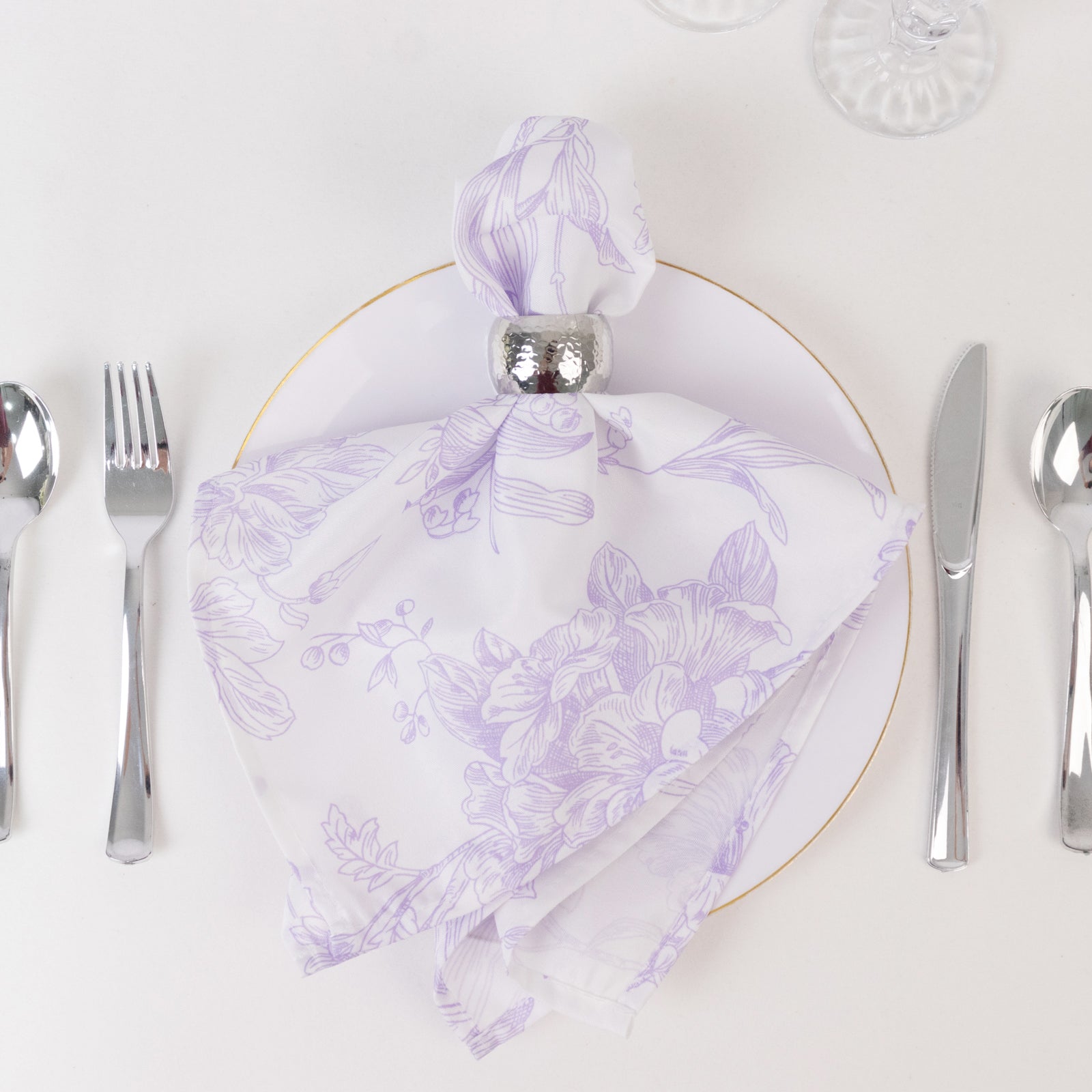 5 Pack Polyester 20"x20" Dinner Napkins White with Lavender Lilac French Toile Pattern - Reusable Floral Cloth Napkins - Bell Racket Store