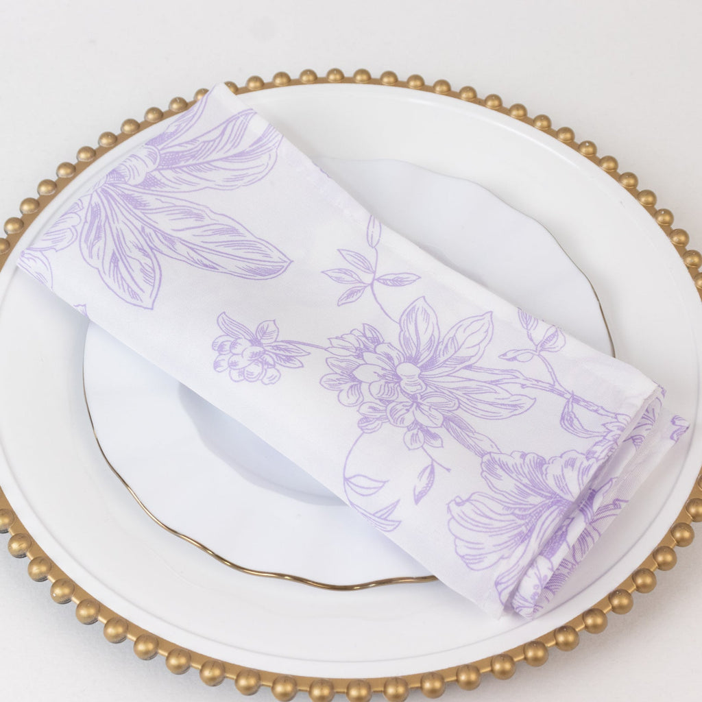 5 Pack Polyester 20"x20" Dinner Napkins White with Lavender Lilac French Toile Pattern - Reusable Floral Cloth Napkins - Bell Racket Store