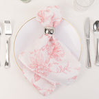5 Pack Polyester 20"x20" Dinner Napkins White with Pink French Toile Pattern - Reusable Floral Cloth Napkins - Bell Racket Store