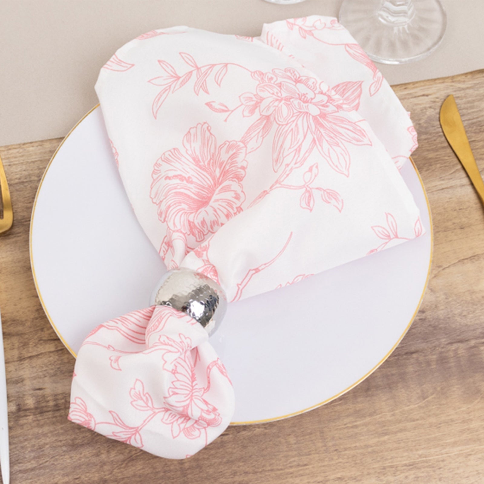 5 Pack Polyester 20"x20" Dinner Napkins White with Pink French Toile Pattern - Reusable Floral Cloth Napkins - Bell Racket Store