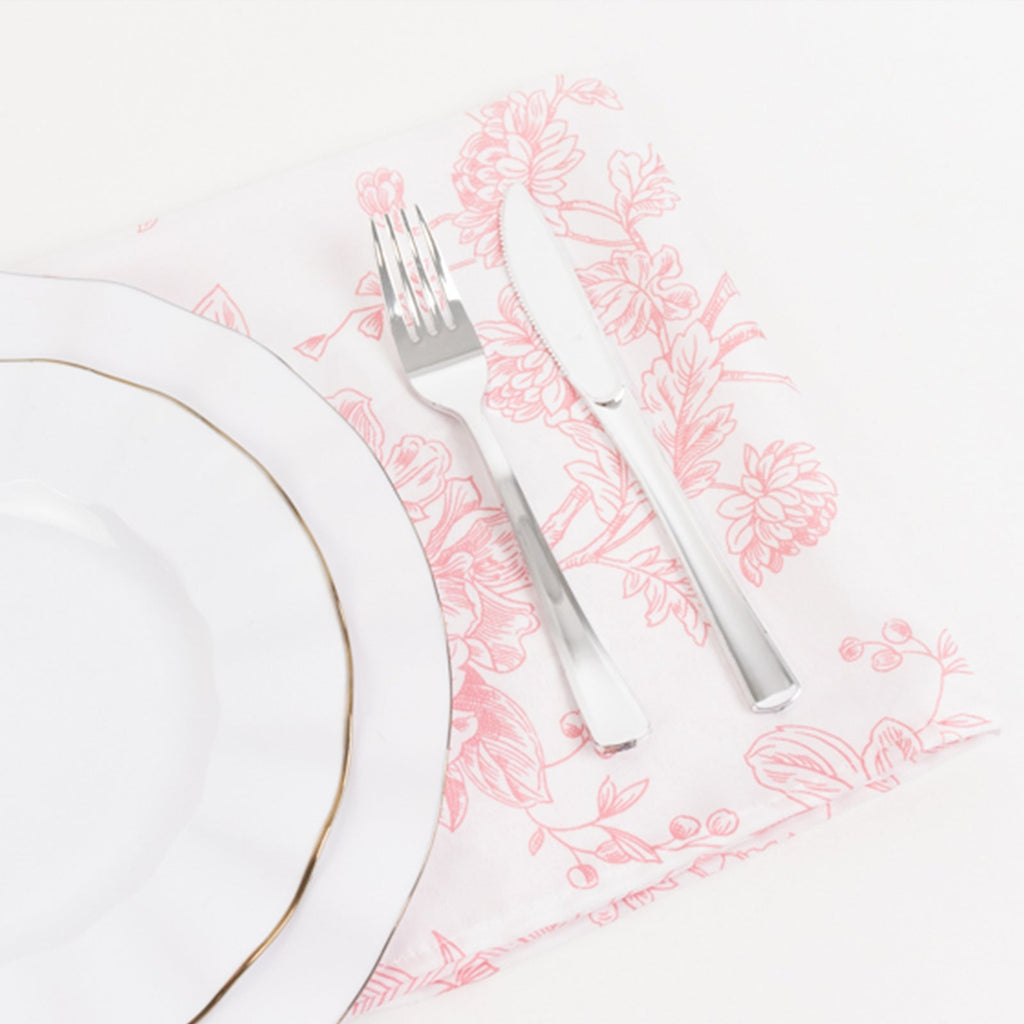 5 Pack Polyester 20"x20" Dinner Napkins White with Pink French Toile Pattern - Reusable Floral Cloth Napkins - Bell Racket Store