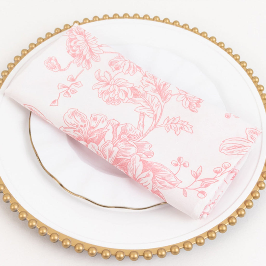 5 Pack Polyester 20"x20" Dinner Napkins White with Pink French Toile Pattern - Reusable Floral Cloth Napkins - Bell Racket Store