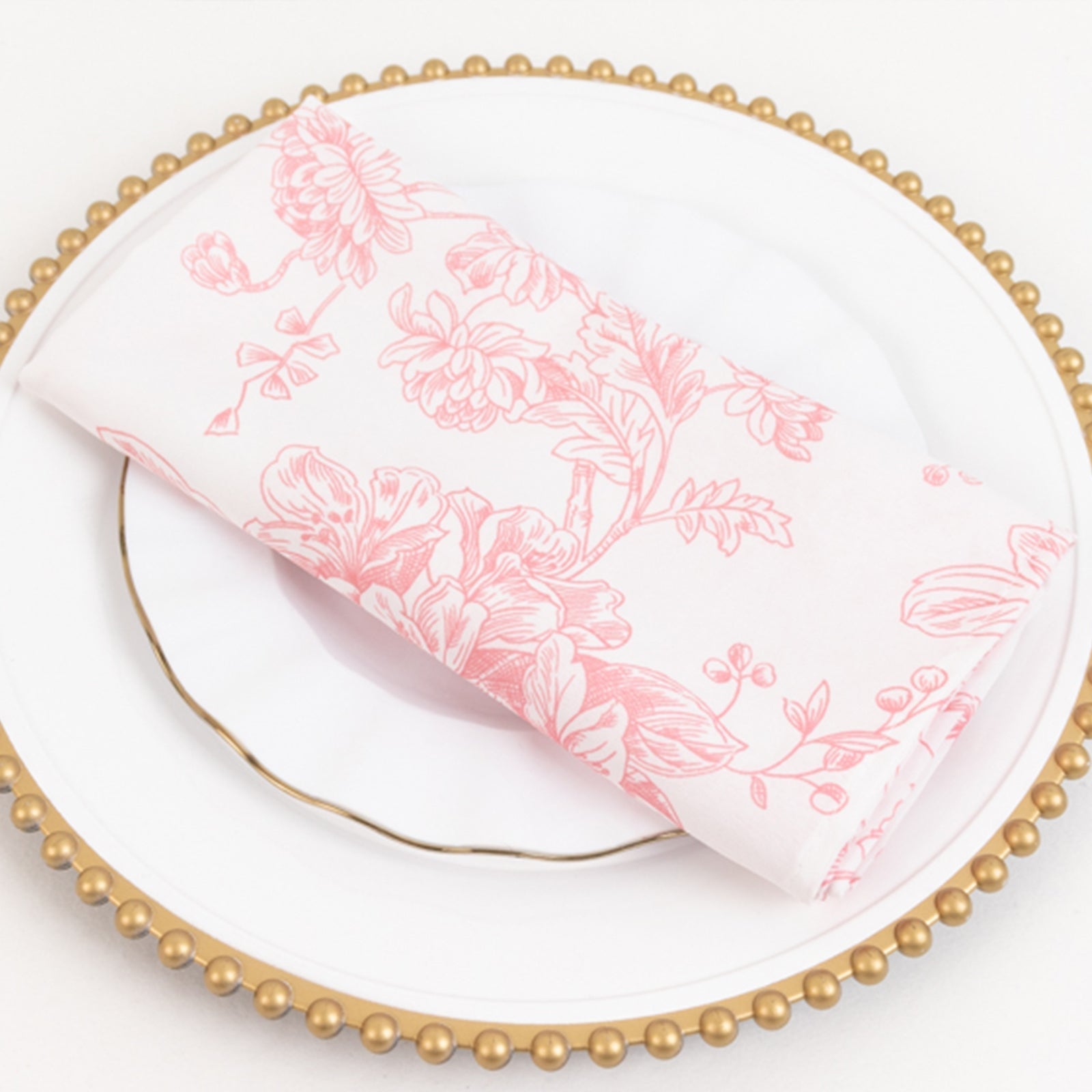 5 Pack Polyester 20"x20" Dinner Napkins White with Pink French Toile Pattern - Reusable Floral Cloth Napkins - Bell Racket Store