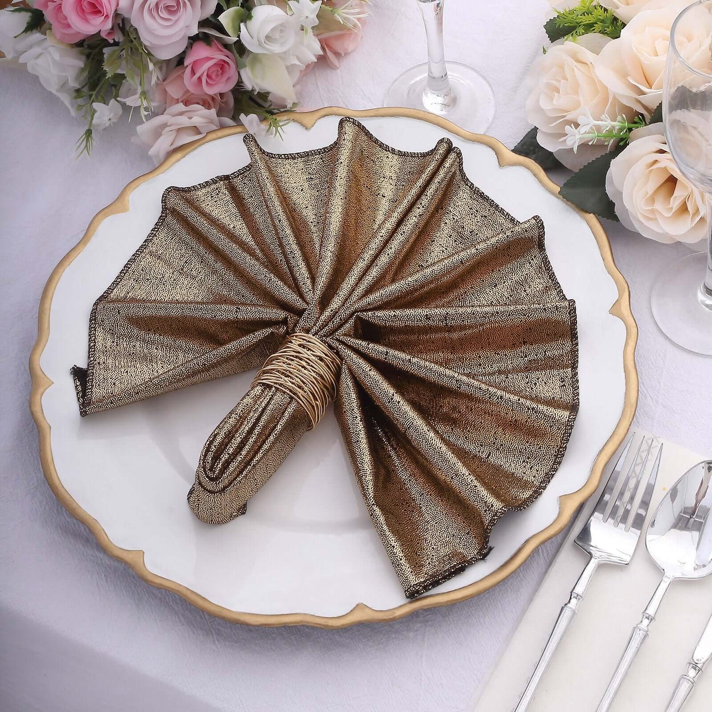 5 Pack Polyester 20"x20" Napkins Antique Gold Shimmer Sequin Dots - Luminous Cloth Napkins - Bell Racket Store