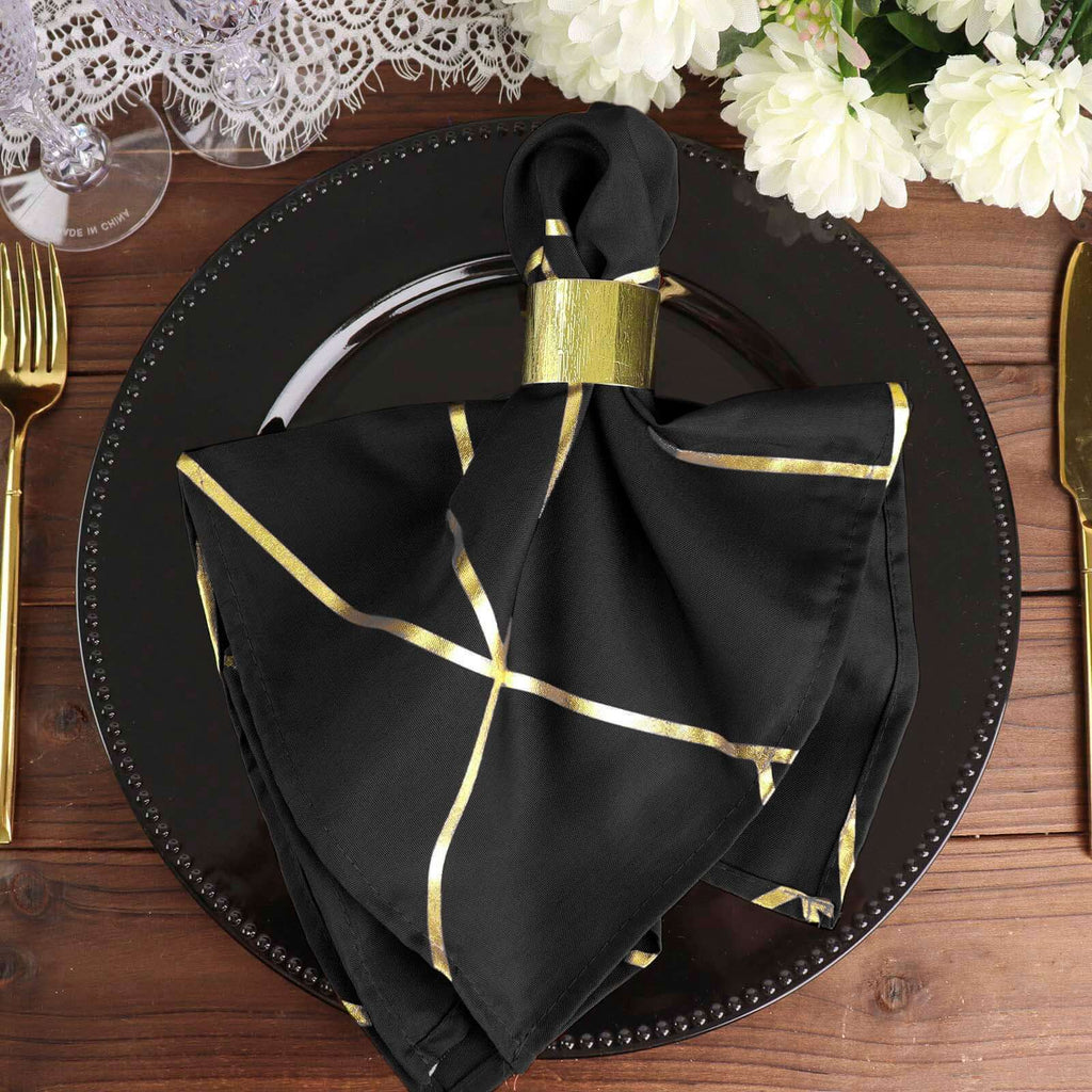 5 Pack Polyester 20"x20" Napkins Black with Gold Geometric Foil Pattern - Modern Reusable Dinner Napkins