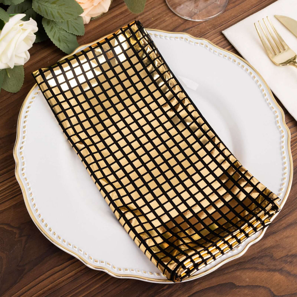 5 Pack Polyester 20"x20" Napkins Black with Reflective Gold Foil for Luxe Events & Retro Themes - Bell Racket Store