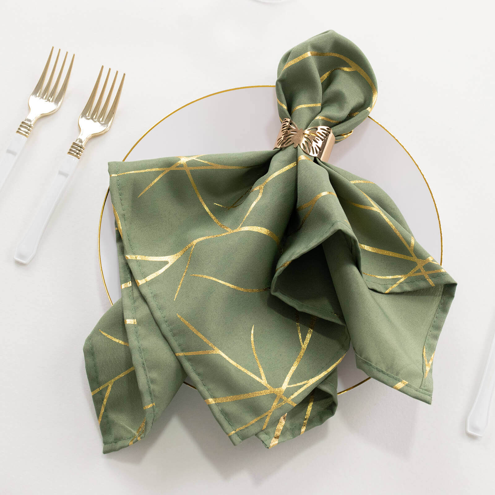5 Pack Polyester 20"x20" Napkins Dusty Sage Green with Gold Foil Tree Branch Pattern - Modern Wrinkle Resistant Cloth Napkins for Weddings & Parties - Bell Racket Store