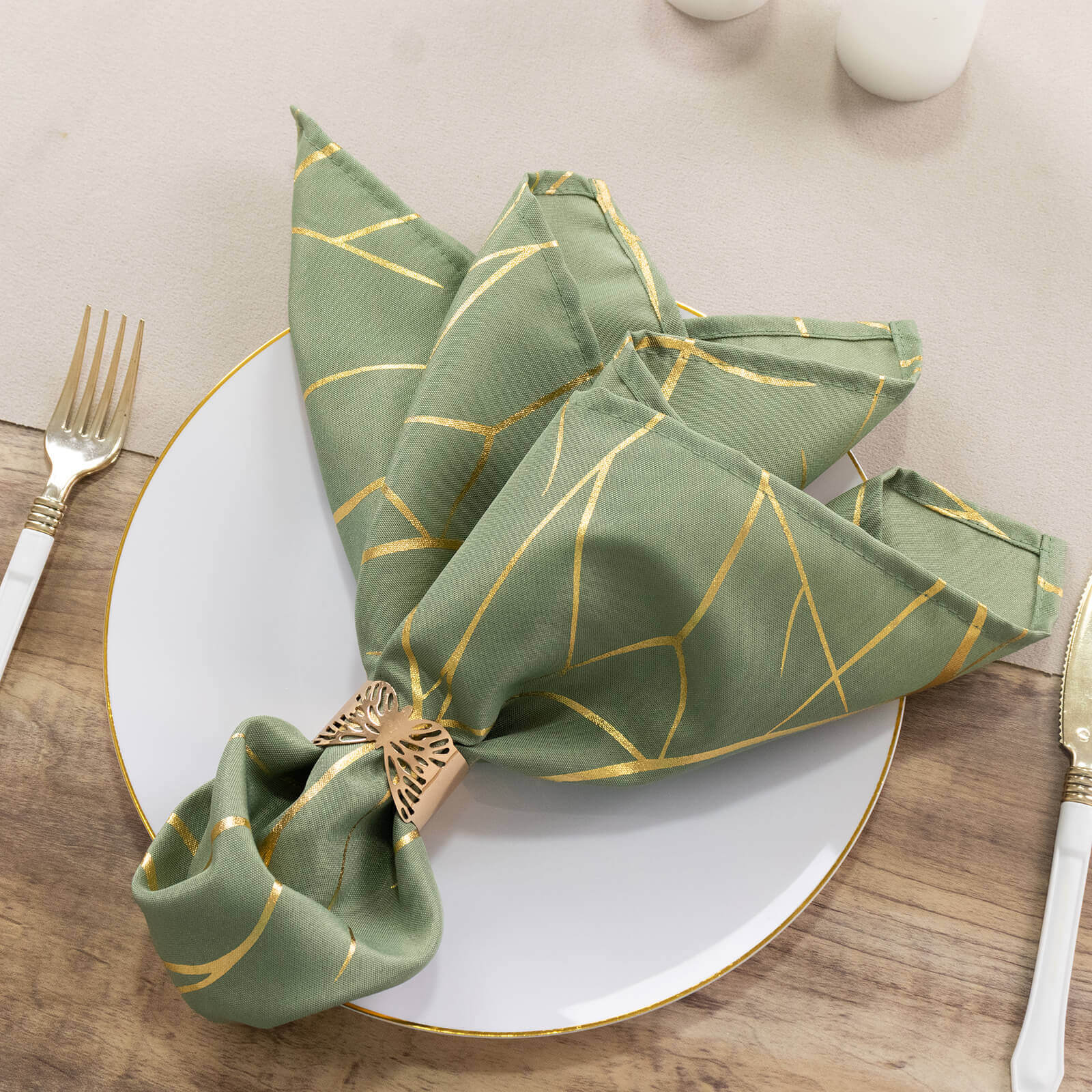 5 Pack Polyester 20"x20" Napkins Dusty Sage Green with Gold Foil Tree Branch Pattern - Modern Wrinkle Resistant Cloth Napkins for Weddings & Parties - Bell Racket Store