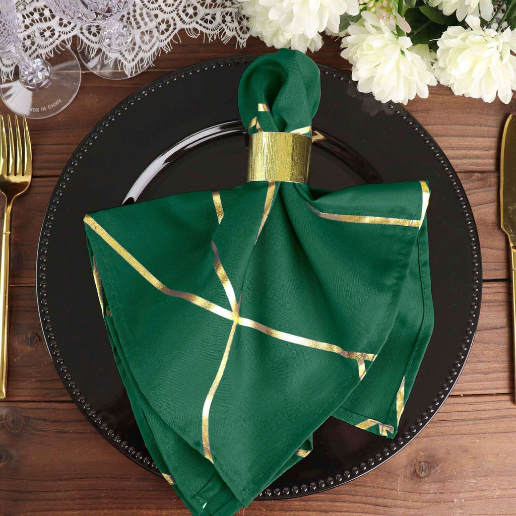 5 Pack Polyester 20"x20" Napkins Hunter Emerald Green with Gold Geometric Foil Pattern - Modern Reusable Dinner Napkins