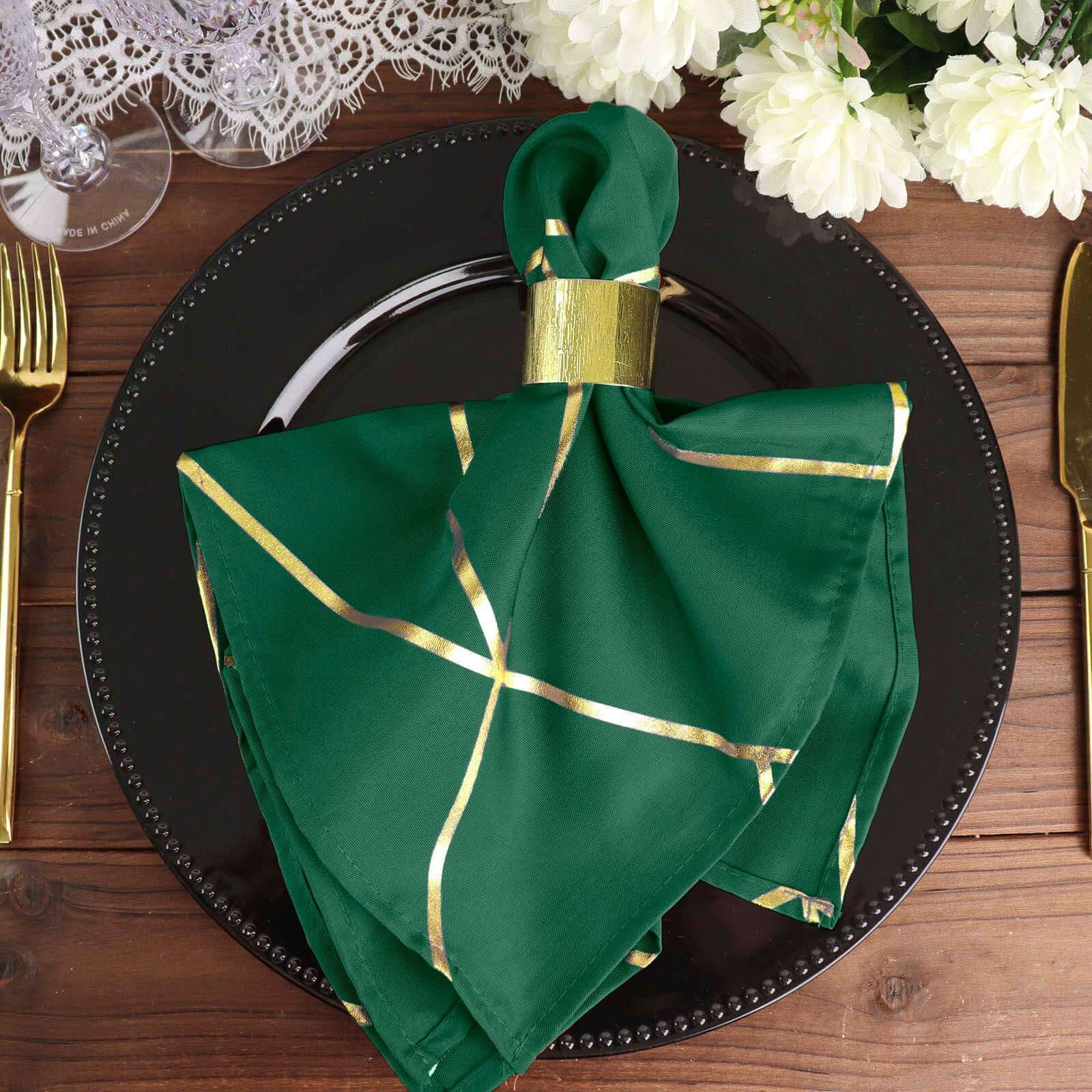 5 Pack Polyester 20"x20" Napkins Hunter Emerald Green with Gold Geometric Foil Pattern - Modern Reusable Dinner Napkins