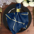 5 Pack Polyester 20"x20" Napkins Navy Blue with Gold Geometric Foil Pattern - Modern Reusable Dinner Napkins