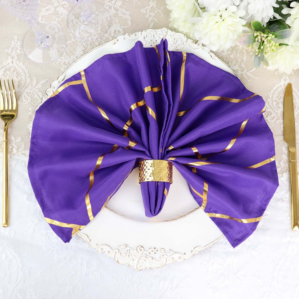 5 Pack Polyester 20"x20" Napkins Purple with Gold Geometric Foil Pattern - Modern Reusable Dinner Napkins - Bell Racket Store