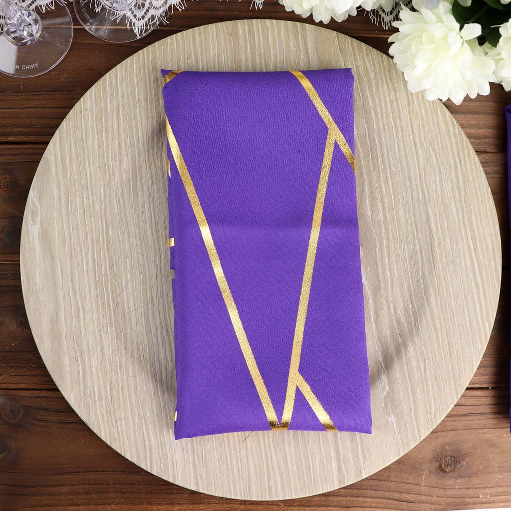 5 Pack Polyester 20"x20" Napkins Purple with Gold Geometric Foil Pattern - Modern Reusable Dinner Napkins - Bell Racket Store